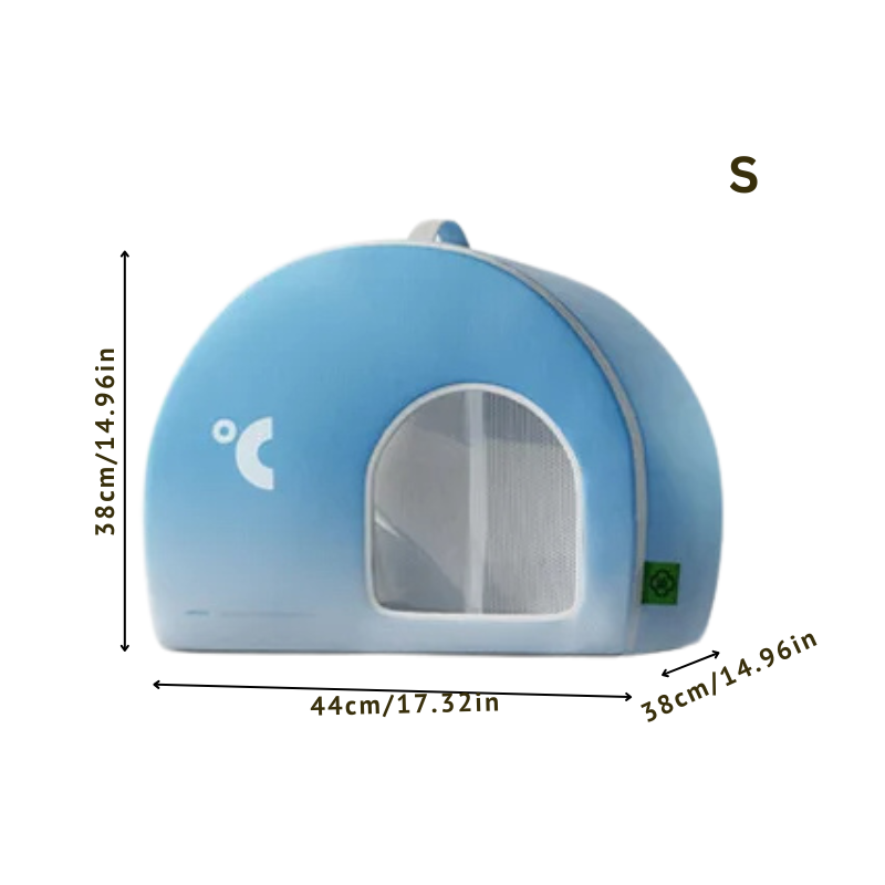 Cooling pet cave bed made of oxford cloth. Dome design provides shaded comfort for small dogs & cats.