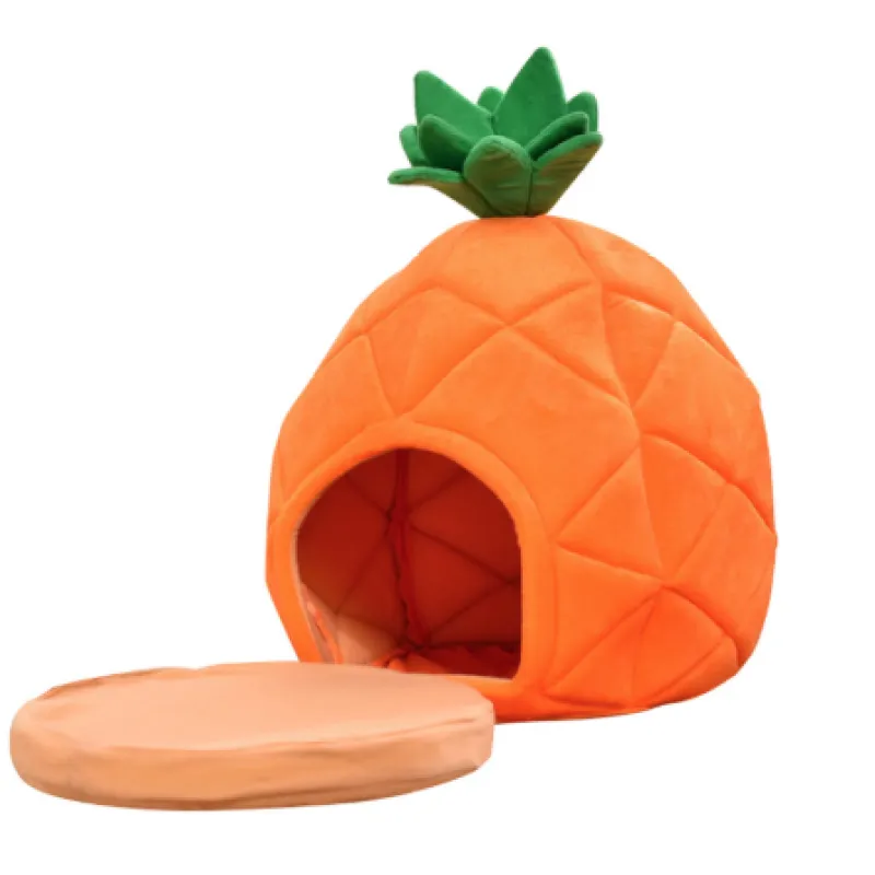 Cozy pineapple cat cave pet bed for cats & small dogs. A cuddly sleeping retreat & comfortable pet house.