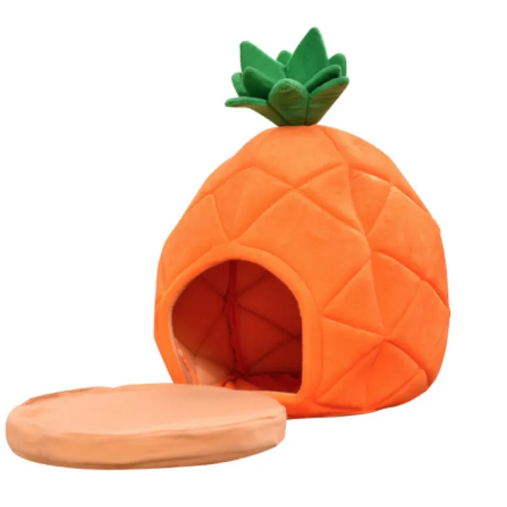 Cozy pineapple cat cave pet bed for cats & small dogs. A cuddly sleeping retreat & comfortable pet house.