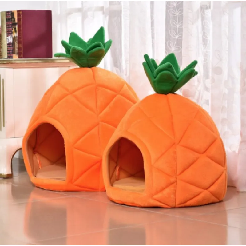 Plush pineapple pet cave offers a cozy sleeping retreat for cats & small dogs. Comfortable animal bed.