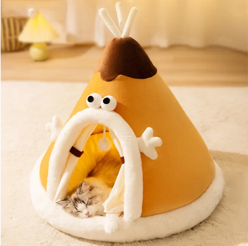 Cozy plush cat hideaway tent for feline comfort. Soft, secure pet bed & play space for small animals.