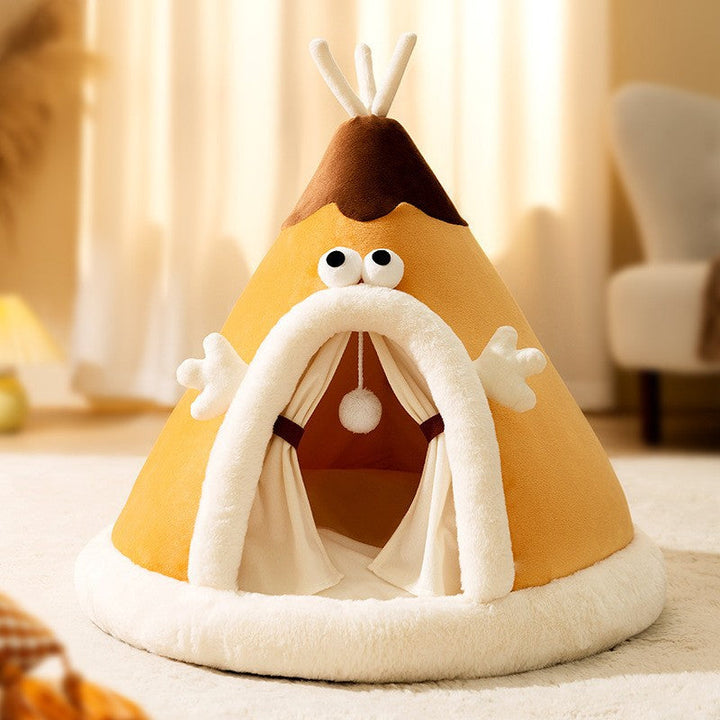 Plush cat tent bed, a cozy hideaway for cats to sleep & play. Soft feline comfort pet accessory.