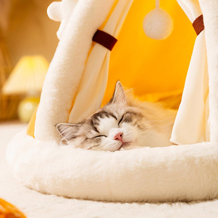 Soft plush cat bed & hideaway tent, providing secure comfort & a cozy spot for feline pets to rest.