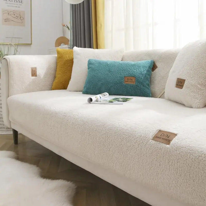 Pet-friendly waterproof sherpa fleece sofa cover on a couch. Non-slip design protects furniture from spills, claws & wear.