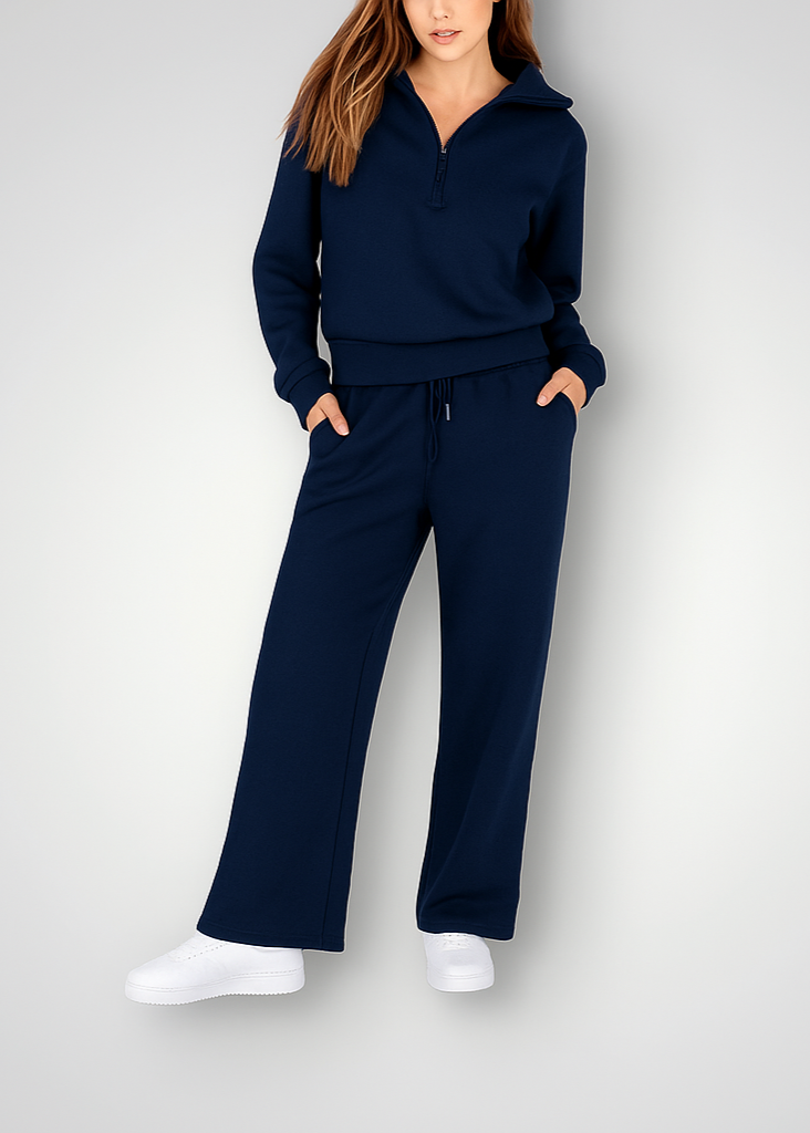 Cozy women's 2 piece lounge set with zip pullover and wide leg pants, perfect for autumn winter casual wear.