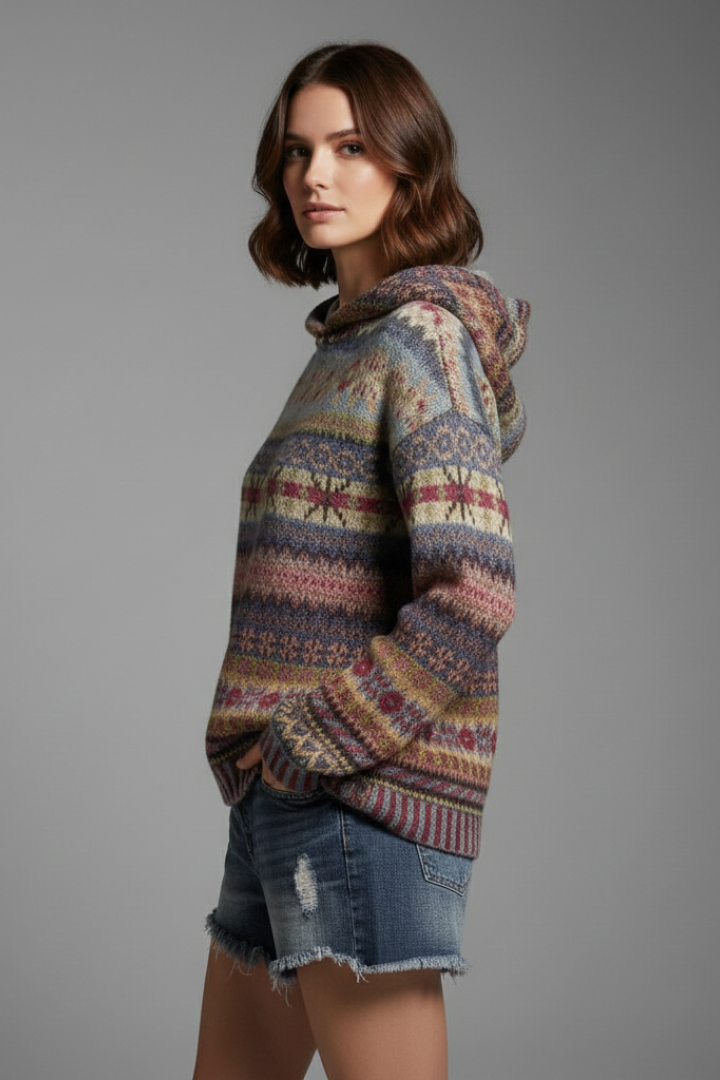 Model wearing a cozy white women's hoodie with ribbed cuffs, suitable for everyday casual style.