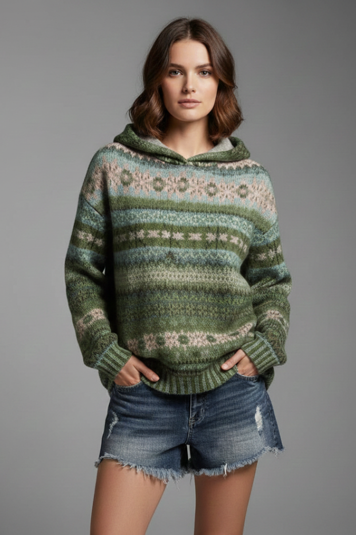 Warm hooded sweatshirt for women, light blue, with prominent ribbed cuffs and front pocket detail.