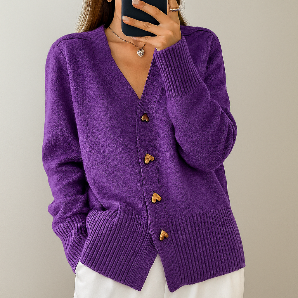 Elegant button-down V-neck knitted cardigan for women in a solid color, ideal for stylish winter wear.