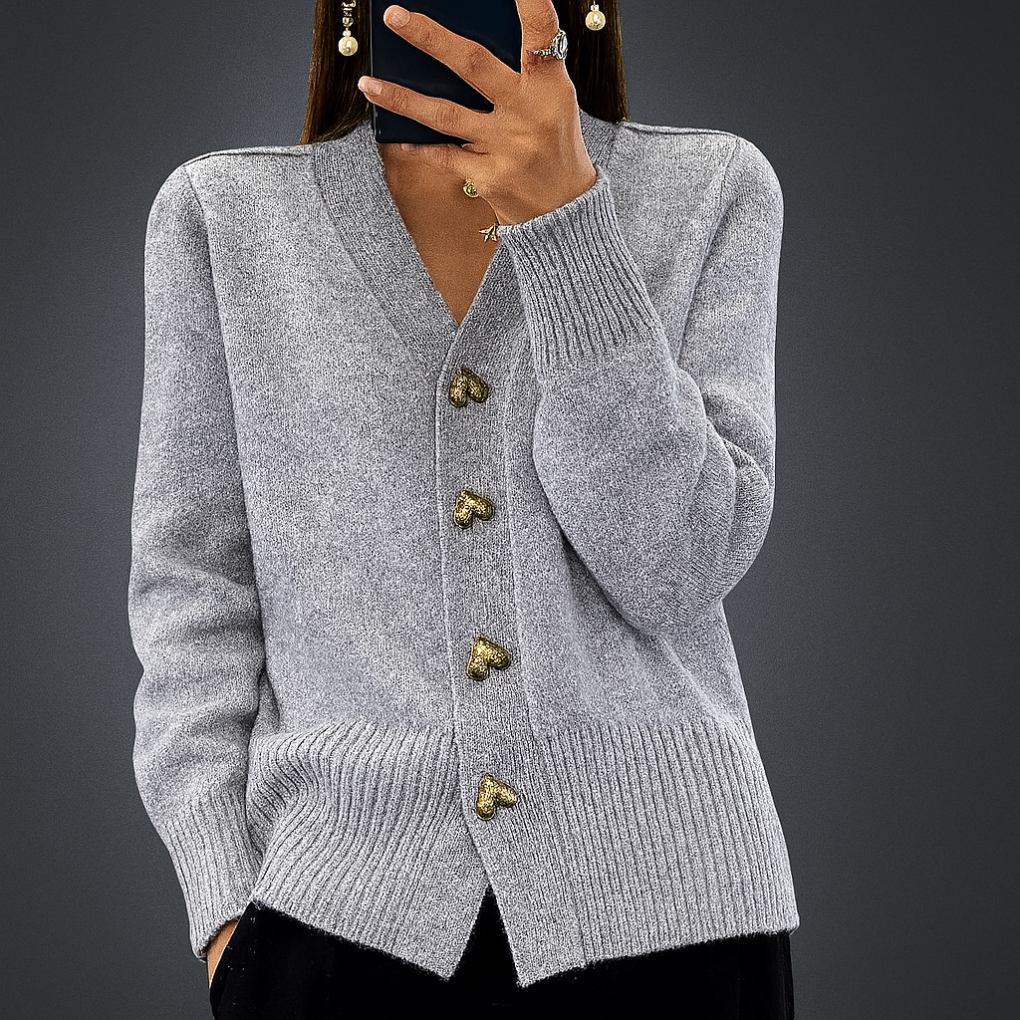 Chic solid color women's V-neck knitted cardigan, perfect as a layering sweater for autumn and winter outfits.