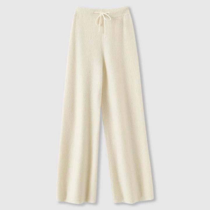 Warm brown wide leg knit pants, comfortable and loose fit, women's cozy winter fashion pullover style.