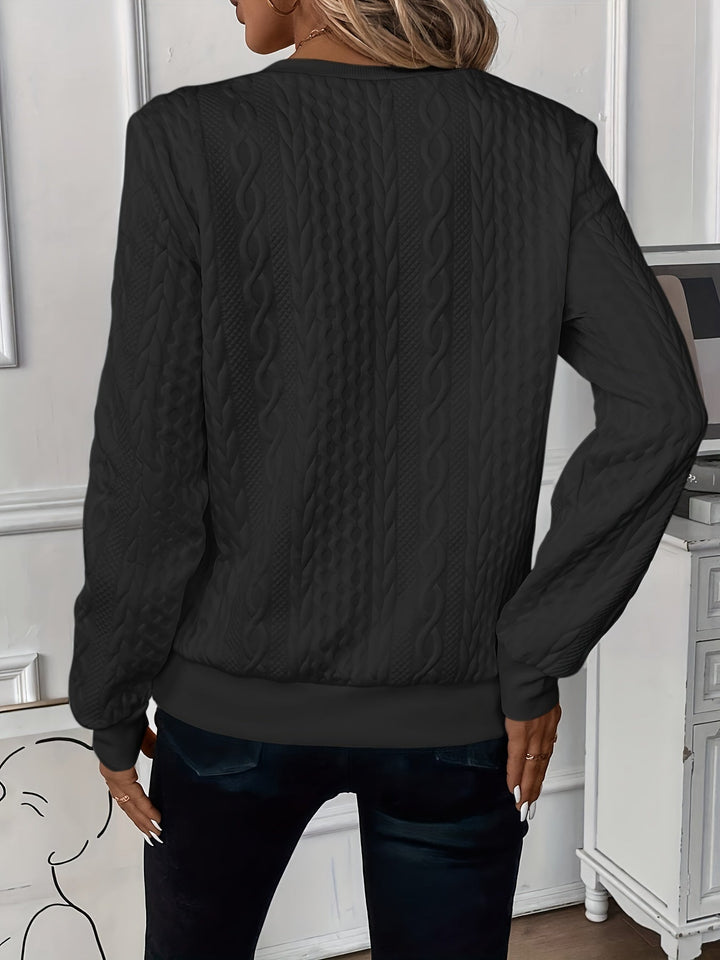 Elegant women's cream cable knit sweater with an adjustable neck zipper, cozy fall apparel.