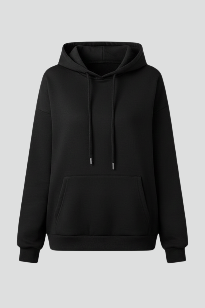 Cozy women's fleece drawstring hoodie in gray with kangaroo pocket, perfect winter loungewear.
