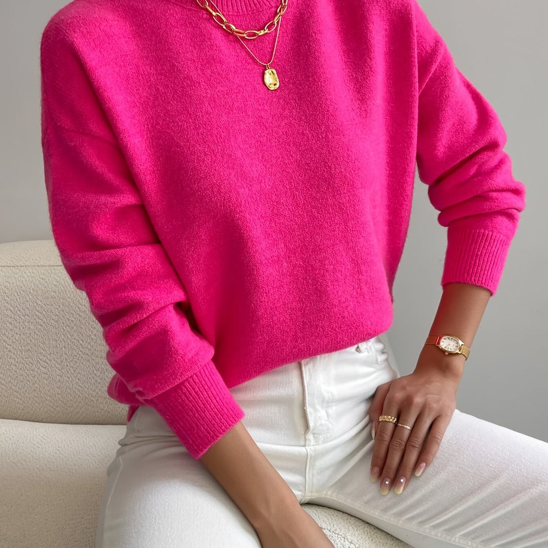 Long sleeve women's high neck knit sweater, cozy autumn pullover for daily fashion.