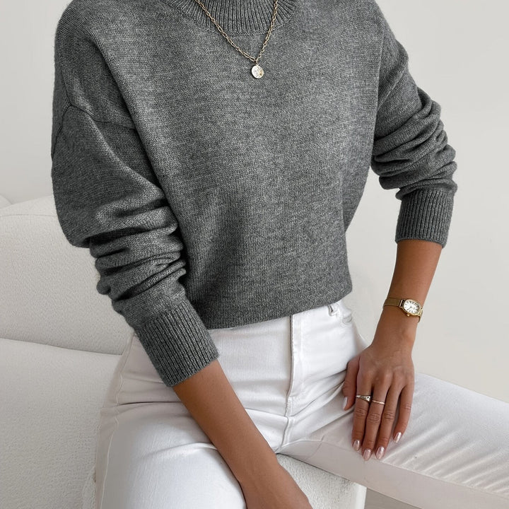 Women's knit high neck jumper, comfortable long sleeve sweater for cold autumn days.