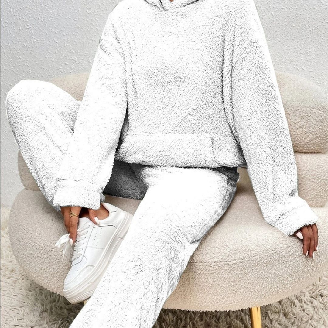 Close-up of the plush fabric on a women's cozy hooded top & lounge pants set, emphasizing texture.