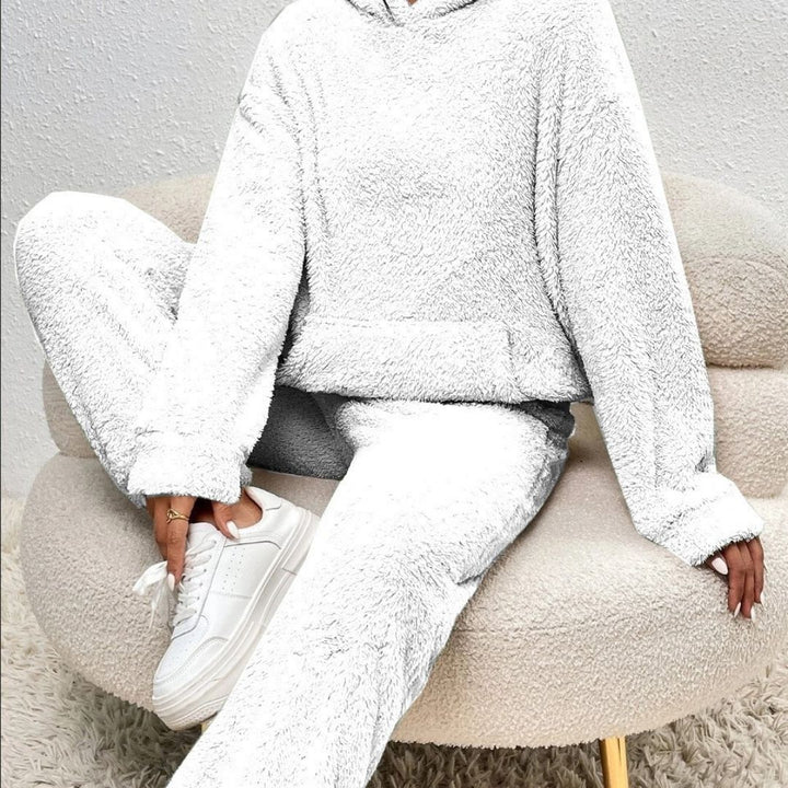 Close-up of the plush fabric on a women's cozy hooded top & lounge pants set, emphasizing texture.