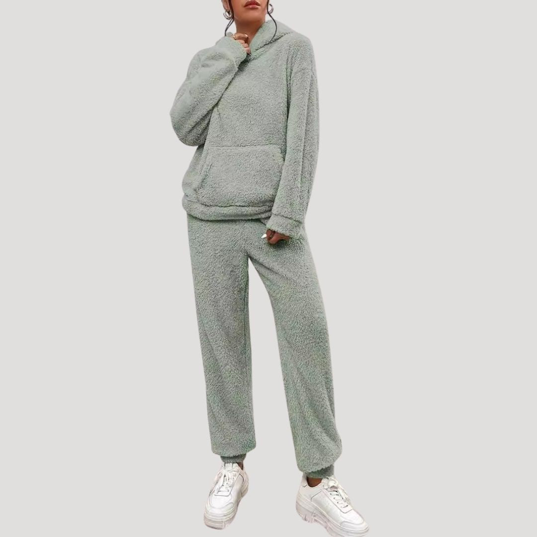 Versatile women's spring fashion set with a relaxed fit hooded top and comfy wide-leg lounge pants.