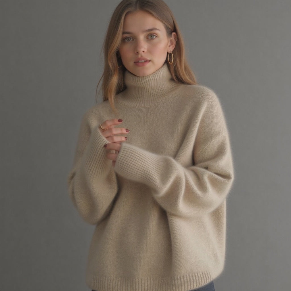 Cozy women's oversized turtleneck knit sweater in beige, perfect for winter fashion.