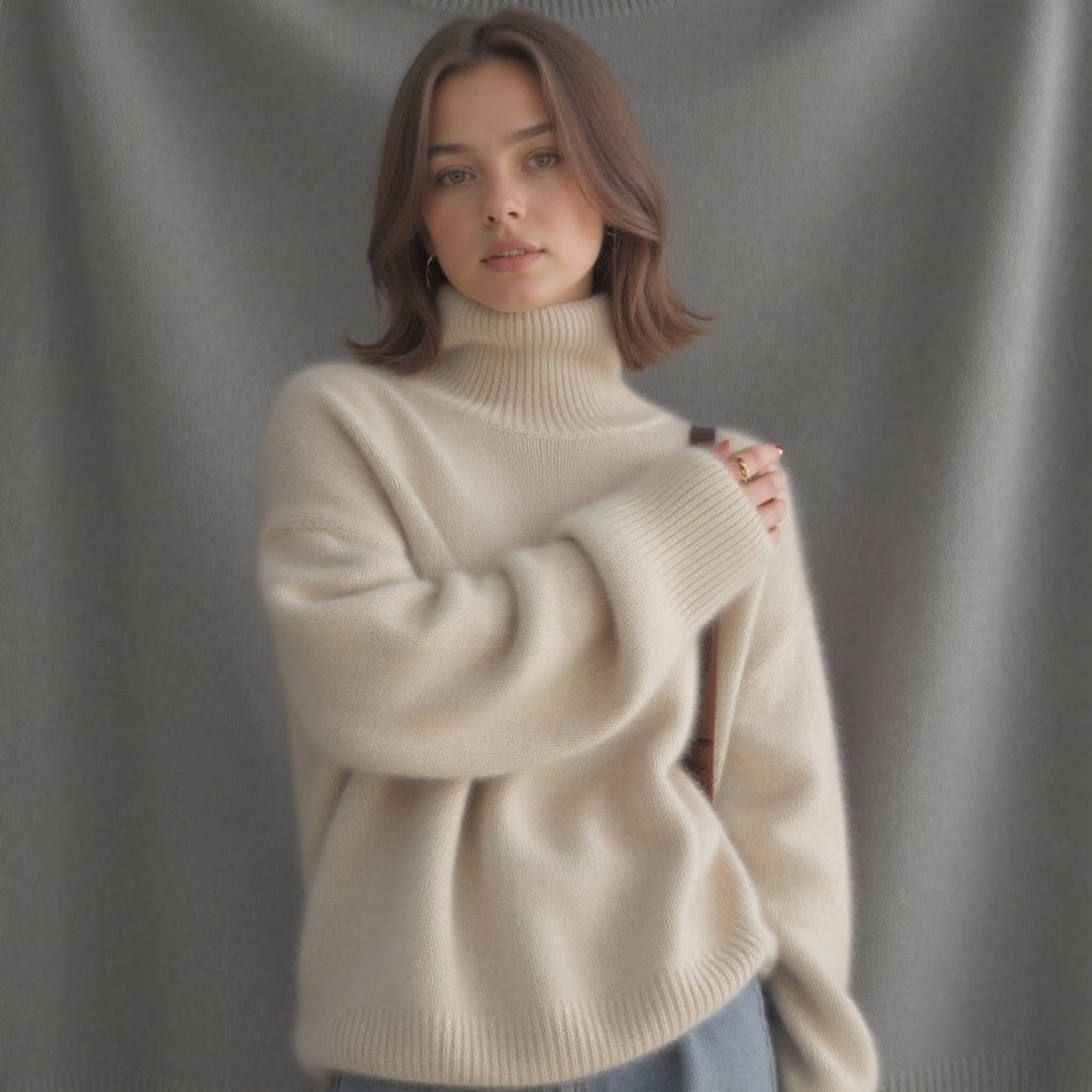Women's oversized turtleneck sweater in grey, an essential cozy knitwear item for winter fashion.