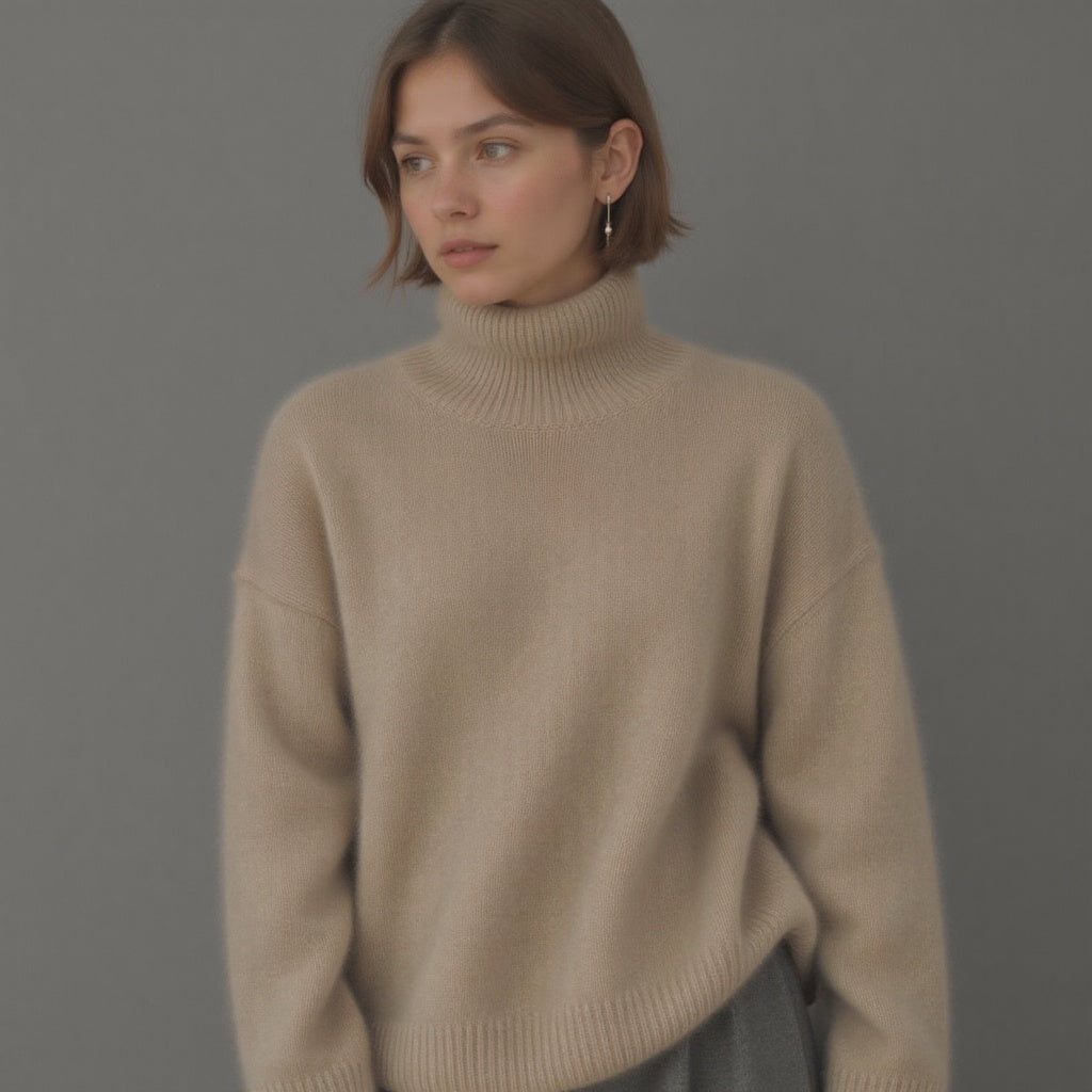 Women's oversized turtleneck sweater in khaki knit, ideal for a warm winter fashion look.