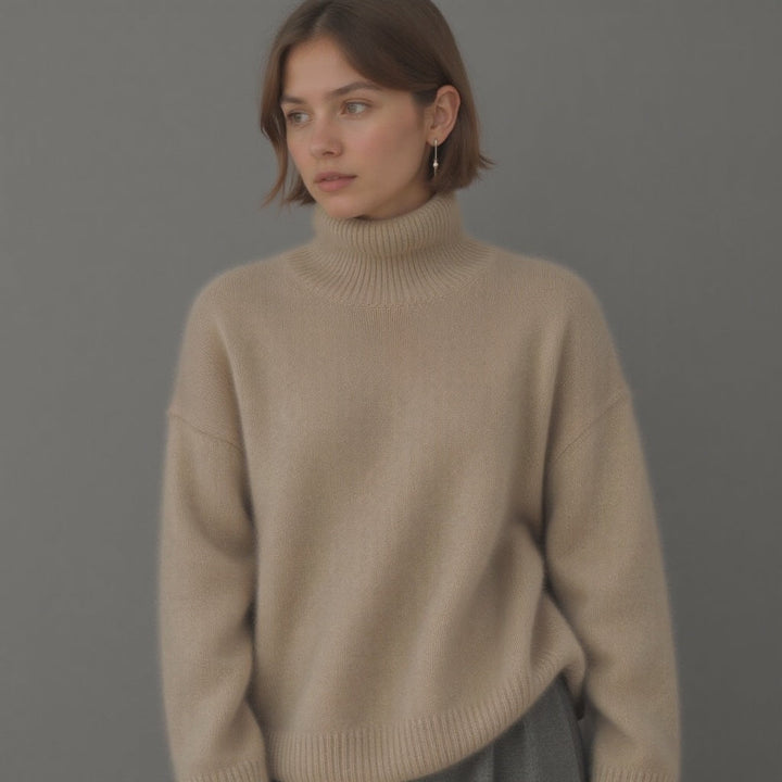 Women's oversized turtleneck sweater in khaki knit, ideal for a warm winter fashion look.