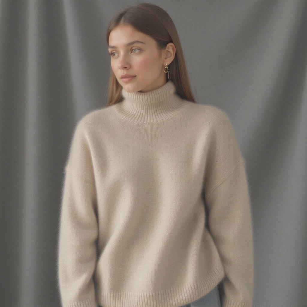 Close-up of the chunky knit fabric of a women's oversized turtleneck sweater in beige.
