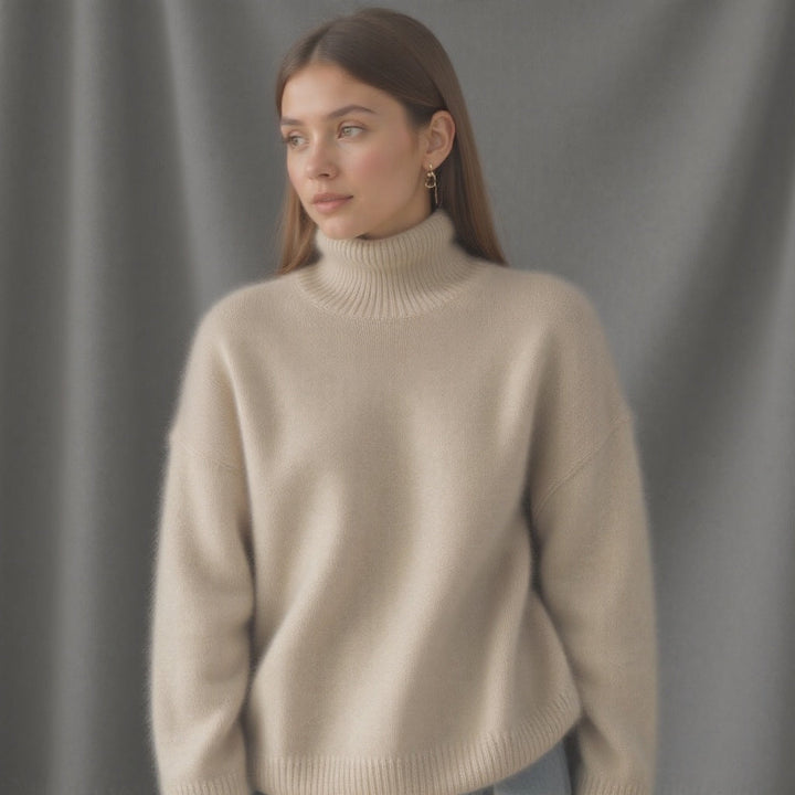 Close-up of the chunky knit fabric of a women's oversized turtleneck sweater in beige.