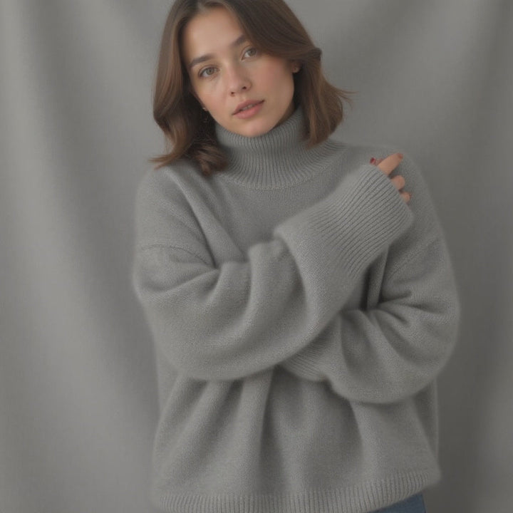 Stylish grey oversized turtleneck sweater for women, a versatile knitwear piece for winter.