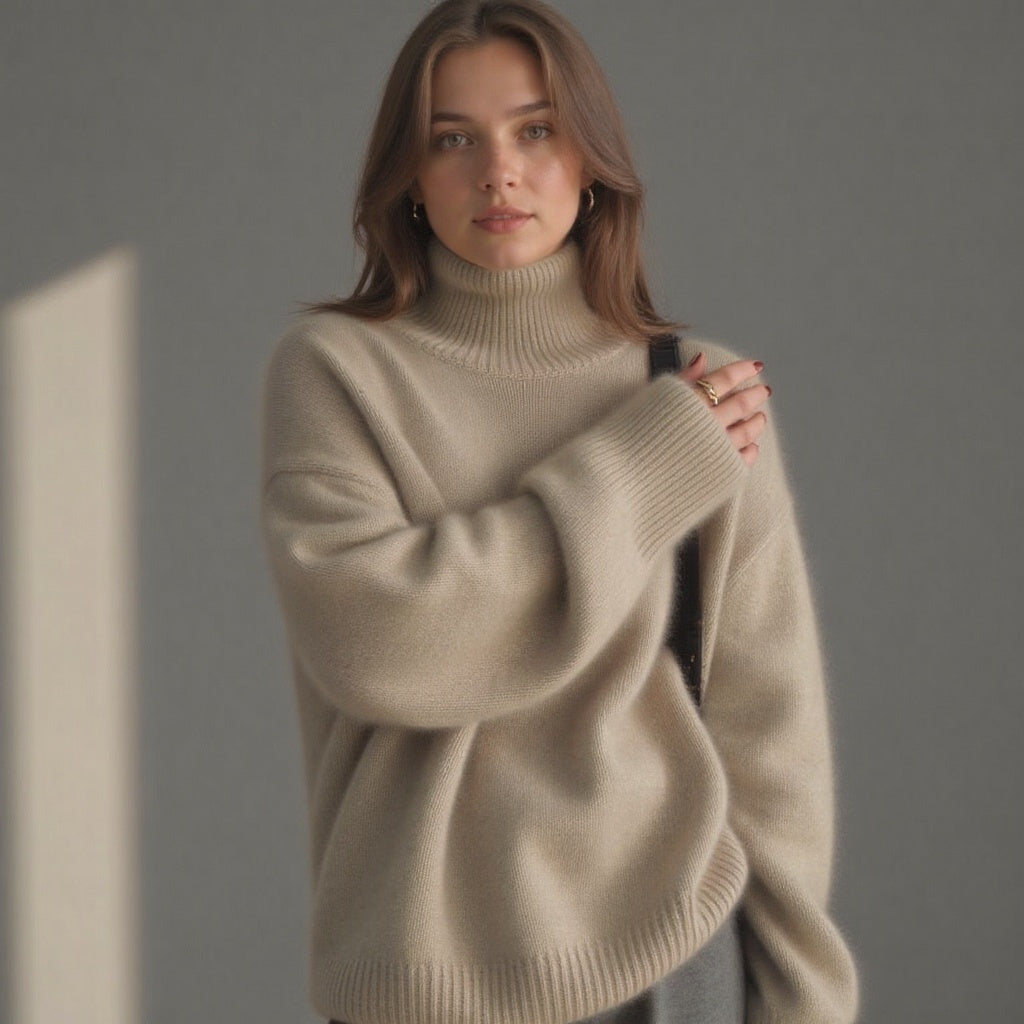 Detail of the ribbed turtleneck collar on a women's oversized knit sweater.