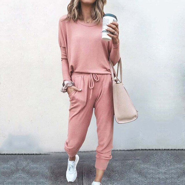 Cozy women's pink relaxed fit loungewear jogger set, perfect for casual athleisure wear