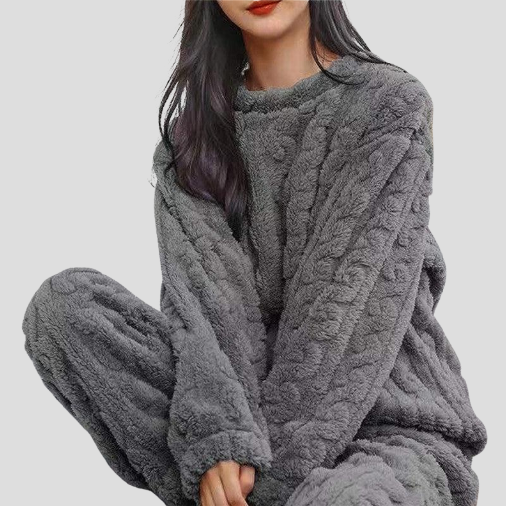 Soft heather gray women's fleece pajama top and pants, comfortable lounge wear nightwear