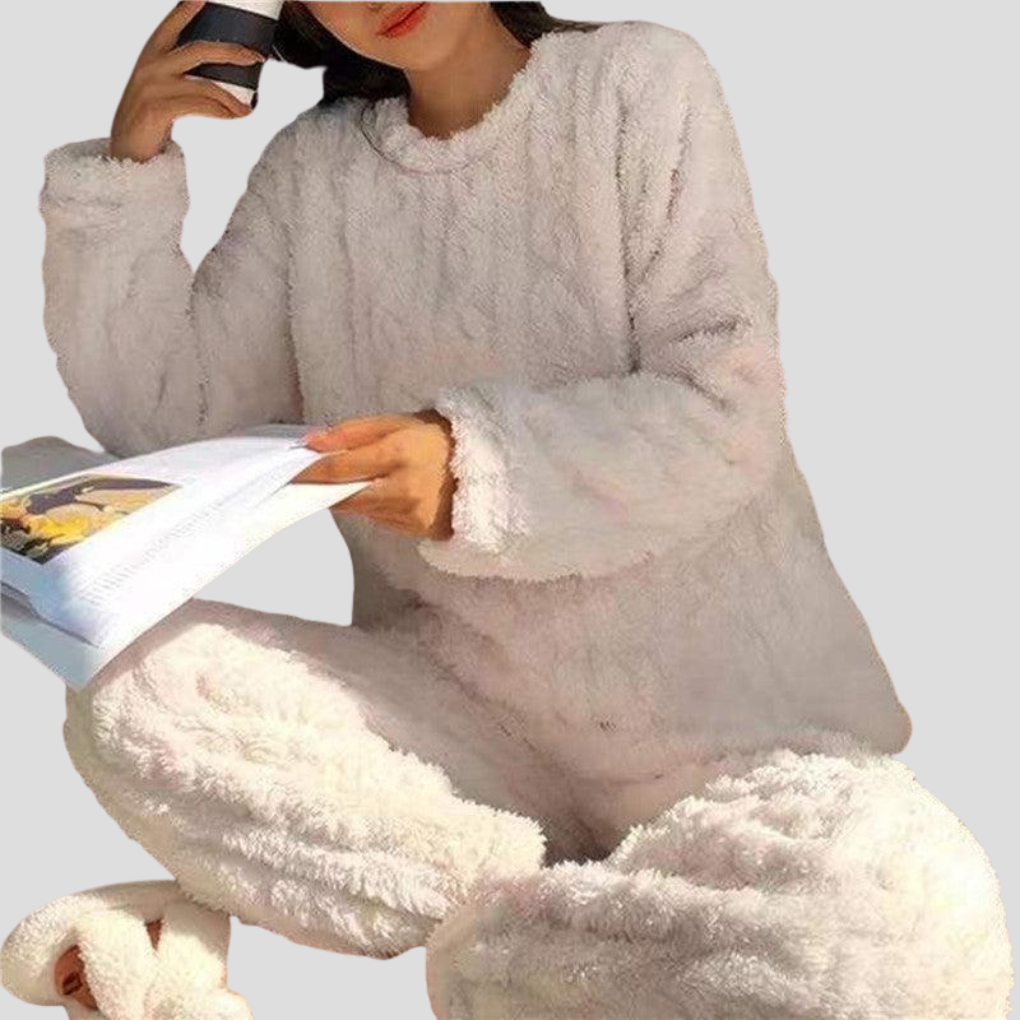 Close-up of plush texture on a women's fleece pajama set, ideal for cozy winter nights