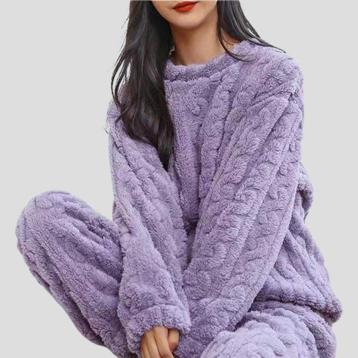 Stylish women's fleece pajama set in light blue, new comfortable sleepwear for cold weather