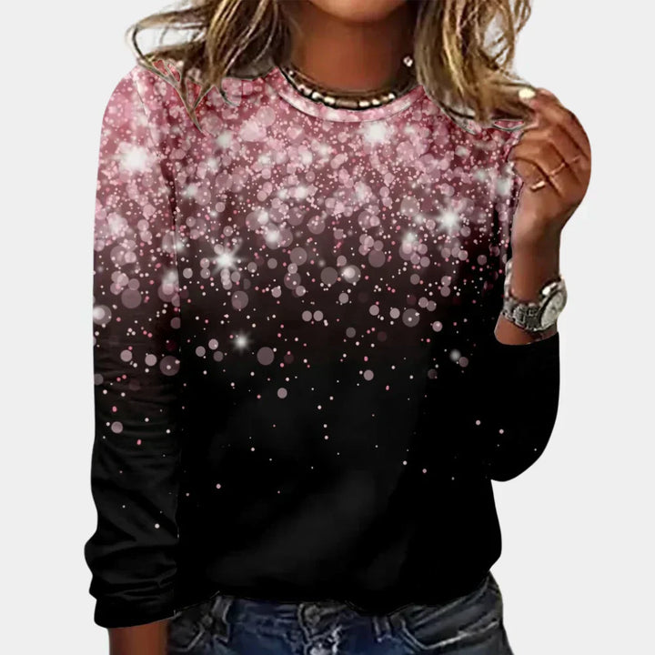 Full shot of a women's sparkling star Christmas sweater, comfortable for holiday events