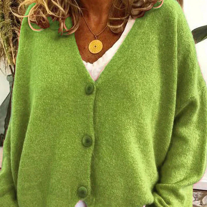 Classic women's V-neck knit cardigan with functional buttons, navy blue, versatile style.