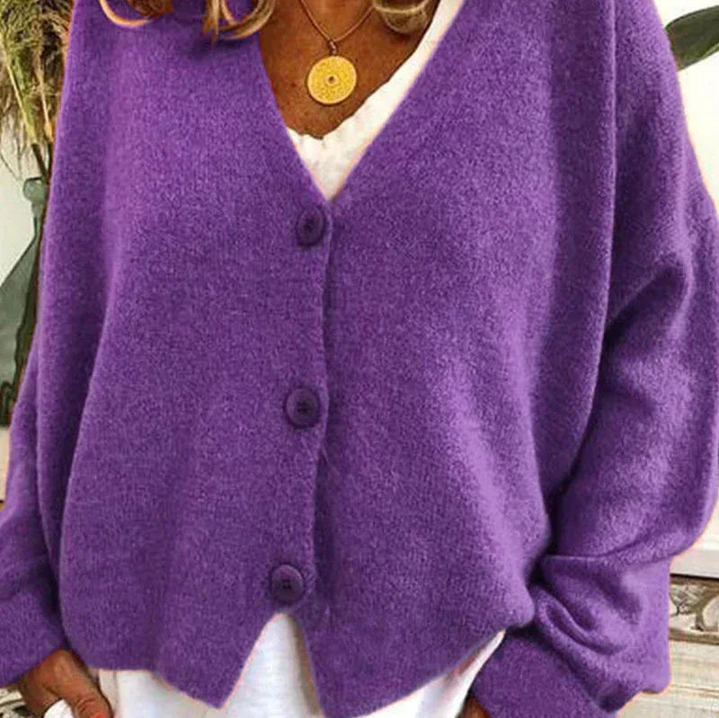 Elegant women's V-neck cardigan with pearl buttons, dark grey, ideal for winterwear.