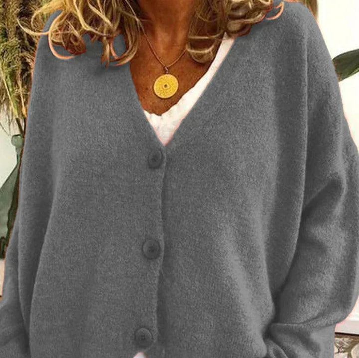 Comfortable women's cozy knit V-neck cardigan, olive green, excellent layering piece.