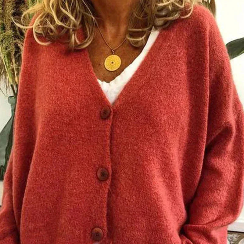 Warm women's V-neck button-front cardigan, burgundy, essential fall fashion item.