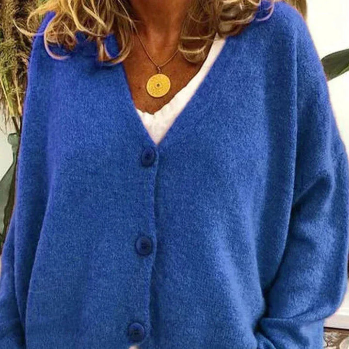 Relaxed fit women's V-neck button cardigan, heather grey, perfect for everyday wear.