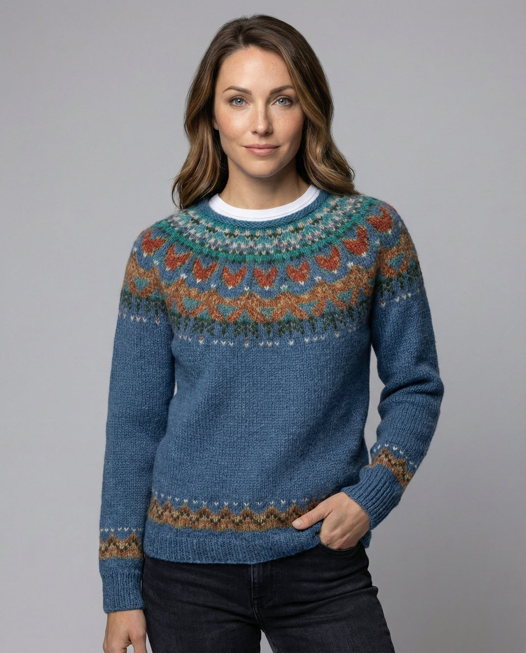 Elegant women's long sleeve pullover sweater with vintage Icelandic design, perfect for warm winter wear.