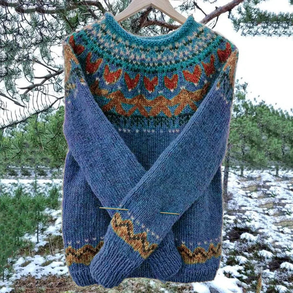 Cozy women's pullover sweater with vintage Icelandic design, ideal warm apparel for chilly weather.