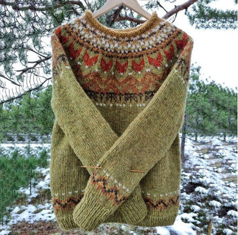 Fashionable women's vintage Icelandic inspired sweater. A warm pullover, perfect for cozy winter styling.