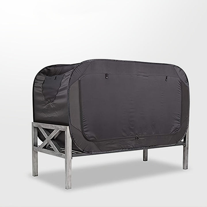 Black CozyNest folding tent bed, a versatile portable sleep solution for camping, travel, or indoor privacy.