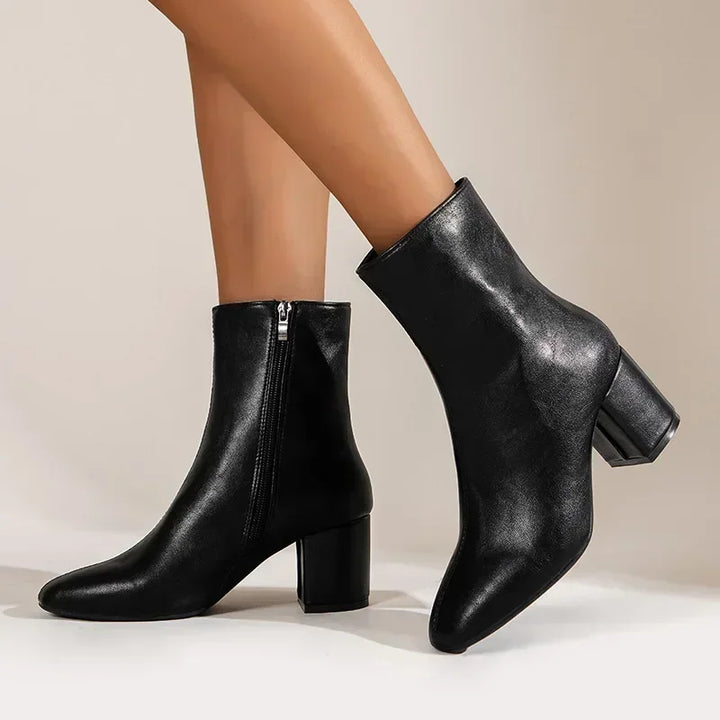 Cream white women's heeled ankle boots with side zipper, perfect for elegant and casual fashion outfits.