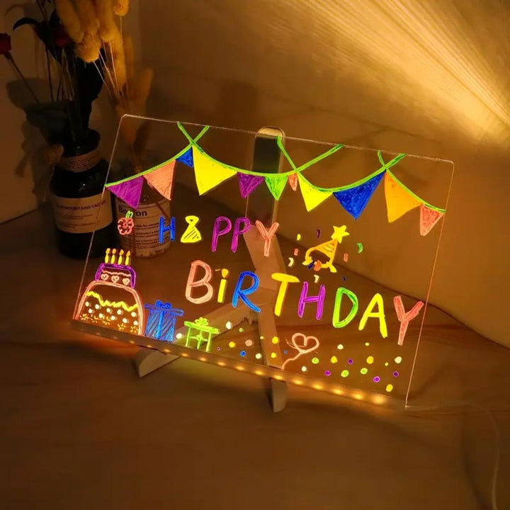 Close-up of glowing LED message board displaying a custom note, perfect for home, office, or kids' rooms.