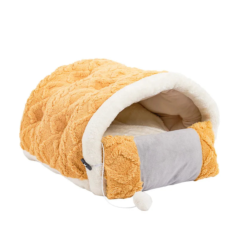 Luxury pet comfort: Cushioned cat bed & sleeping pad with an interactive toy, ensuring restful sleep and play.