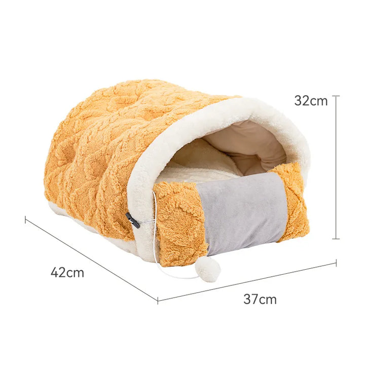 Warm, cozy cat bed with an integrated toy. This soft pet house offers a comfortable sleeping pad for ultimate feline fun.