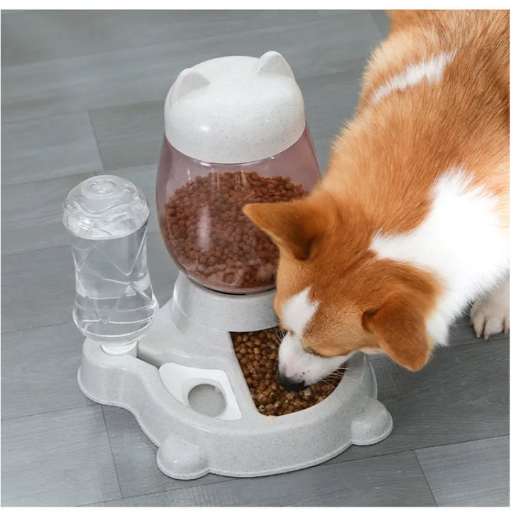 Automatic cat food dispenser showing kibble dropping into the integrated bowl, ensuring timely pet feeding.