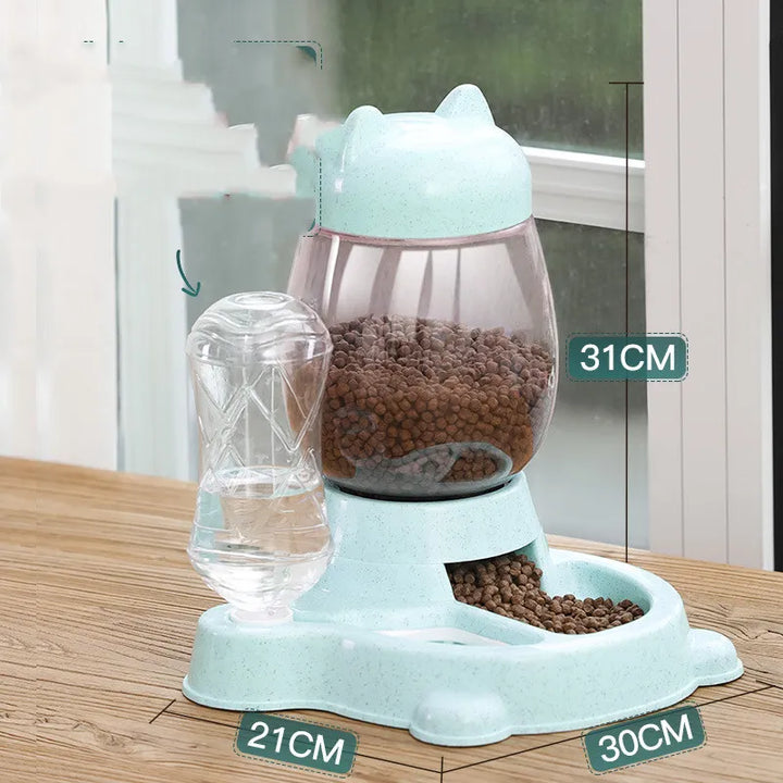 Happy cat eating from a cute automatic pet food dispenser. A convenient cat feeding station for modern pet care.