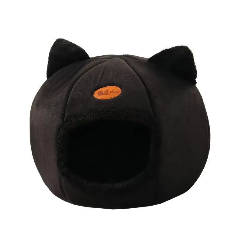 Inviting warming cat-shaped pet bed, designed for ultimate coziness. Features a plush, removable cushion.